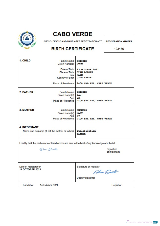 Download Cabo Verde vital record birth certificate Word and PDF template Photoshop template